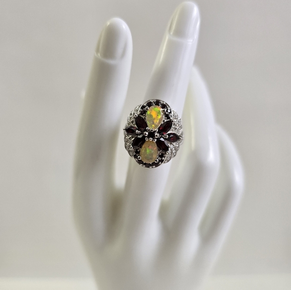 Sterling Silver 925 Iridescent Opal and Garnet Gemstone Ring - Picture 7 of 9